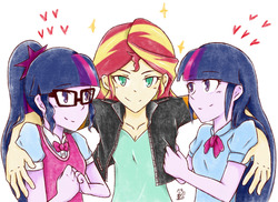 Size: 1280x930 | Tagged: safe, artist:aka-ryuga, sci-twi, sunset shimmer, twilight sparkle, equestria girls, g4, clothes, female, heart, jacket, lesbian, looking at you, ship:sci-twishimmer, ship:sunset twiangle, ship:sunsetsparkle, shipping, smiling, sunset gets all the twilights, twolight
