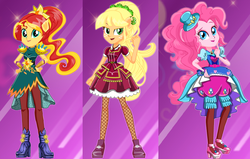 Size: 838x533 | Tagged: safe, artist:glittertiara, applejack, pinkie pie, sunset shimmer, equestria girls, g4, clothes, crystal guardian, fist, freckles, lipstick, musketeer, open mouth, ponied up, starsue, trio