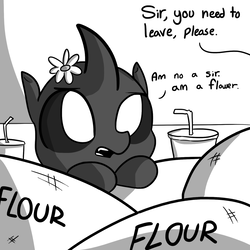 Size: 1280x1280 | Tagged: safe, artist:tjpones, oc, oc only, changeling, horse wife, cute, cuteling, dialogue, drink, fangs, flour, flower, frown, leaning, monochrome, offscreen character, open mouth, paper-thin disguise, pun, seems legit, solo, straw, visual pun