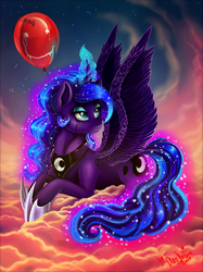 Size: 1280x1707 | Tagged: safe, artist:das_leben, princess luna, pony, g4, balloon, female, magic, signature, solo, stars