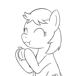 Size: 800x800 | Tagged: safe, artist:unsavorydom, peach fuzz, earth pony, pony, g4, cute, eating, eyes closed, female, filly, food, herbivore, monochrome, peach, simple background, solo, white background