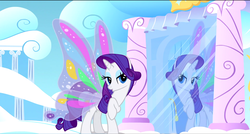 Size: 1360x730 | Tagged: safe, screencap, rarity, pony, g4, sonic rainboom (episode), bedroom eyes, cloudsdale, female, glimmer wings, mare, mirror, raised hoof, solo