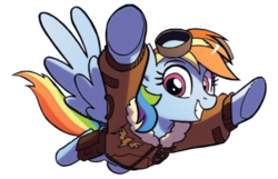 Size: 700x450 | Tagged: safe, artist:tony fleecs, edit, idw, rainbow dash, pony, friends forever #36, g4, my little pony: friends forever, spoiler:comic, background removed, bomber jacket, clothes, cropped, cute, female, flying, goggles, jacket, looking at you, simple background, smiling, solo, spread wings, transparent background