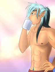 Size: 921x1200 | Tagged: safe, artist:blackblood-queen, oc, oc only, oc:mako, human, abs, clothes, coffee, cup, drinking, ear piercing, elf ears, humanized, humanized oc, looking at something, male, nipples, ocean, panties, partial nudity, piercing, ponytail, pubic hair, solo, sunrise, topless, underwear