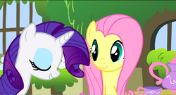 Size: 1360x736 | Tagged: safe, screencap, fluttershy, rarity, pony, g4, my little pony: friendship is magic, stare master, eyes closed, fluttershy's cottage, smiling, teacup