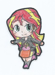 Size: 689x946 | Tagged: safe, artist:suparogue, sunset shimmer, equestria girls, g4, chibi, female, simple background, solo, traditional art