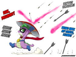 Size: 1280x960 | Tagged: safe, artist:jcosneverexisted, spike, dragon, g4, power ponies (episode), ammunition, armpits, arrow, captain america, captain america: civil war, clothes, dialogue, humdrum costume, magic, offscreen character, power ponies, running, shield, simple background, transparent background