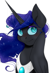 Size: 830x1080 | Tagged: safe, artist:flurryheart-thoughts, nightmare moon, alicorn, pony, g4, blushing, female, jewelry, regalia, simple background, solo, transparent background