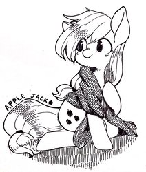 Size: 868x1024 | Tagged: dead source, safe, artist:yukimaki, applejack, earth pony, pony, g4, blanket, female, grayscale, monochrome, solo