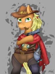 Size: 3000x4000 | Tagged: safe, artist:milkychocoberry, applejack, earth pony, pony, g4, bipedal, bullet, cigar, cloak, clothes, cosplay, costume, gun, handgun, male, mccreejack, overwatch, revolver, rule 63, simple background, solo, stallion, weapon