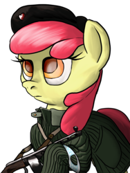 Size: 900x1200 | Tagged: safe, artist:aaronmk, apple bloom, earth pony, pony, g4, female, flag of equestria, gun, hungarian revolution, hungary, ppsh-41, solo, submachinegun, weapon