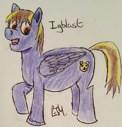 Size: 1383x1440 | Tagged: safe, artist:rapidsnap, oc, oc only, oc:igblast, pegasus, pony, solo, traditional art