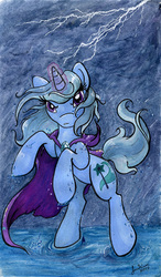 Size: 590x1013 | Tagged: safe, artist:jenkiwi, trixie, pony, unicorn, g4, female, lightning, mare, rain, rearing, solo, traditional art