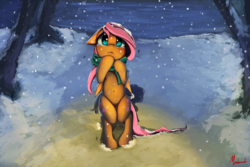 Size: 1800x1200 | Tagged: safe, artist:miokomata, fluttershy, pony, g4, bipedal, clothes, crying, female, looking at you, scarf, signature, snow, snowfall, solo, tree