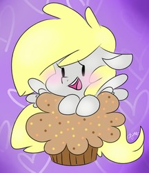 Size: 648x750 | Tagged: safe, artist:terrifyinglagomorpha, derpy hooves, pegasus, pony, g4, blushing, chibi, cute, female, floppy ears, food, giant muffin, heart, leaning, mare, muffin, open mouth, smiling, solo, that pony sure does love muffins