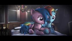 Size: 3840x2160 | Tagged: safe, artist:luxraystark, firefly, rainbow dash, comic:dash academy, g1, g4, 3d, bed, candlelight, fanfic, fanfic art, female, g1 to g4, generation leap, high res, hoof hold, lesbian, love, ship:dashfly, shipping, smiling, source filmmaker, wine bottle, wine glass