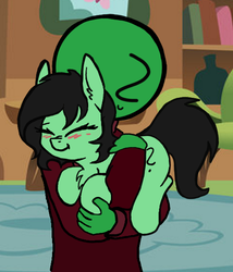 Size: 504x590 | Tagged: safe, artist:duop-qoub, edit, oc, oc only, oc:anon, oc:filly anon, earth pony, human, pony, adoranon, blushing, bookshelf, chest fluff, cute, female, filly, holding a pony, hug