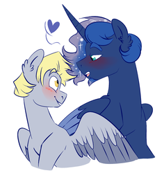 Size: 955x1013 | Tagged: safe, artist:soft-arthropod, derpy hooves, princess luna, alicorn, pegasus, pony, g4, artemabetes, blushing, cute, derpabetes, derpyluna daily, dopey hooves, duo, gay, heart, horn, male, prince artemis, rule 63, rule63betes, ship:dopemis, ship:lunaderp, shipping, simple background, stallion
