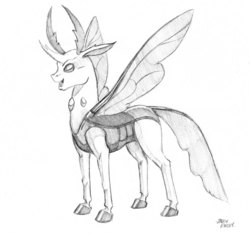 Size: 1300x1222 | Tagged: safe, artist:baron engel, thorax, changedling, changeling, g4, to where and back again, king thorax, male, monochrome, pencil drawing, simple background, sketch, smiling, solo, traditional art, white background
