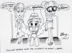 Size: 897x663 | Tagged: safe, artist:newportmuse, sci-twi, twilight sparkle, human, equestria girls, g4, book, clothes, dialogue, hat, hawaii, human ponidox, library, monochrome, multeity, sandals, self ponidox, shirt, signature, speech bubble, spread wings, story included, that pony sure does love books, tourist, traditional art, twolight, wip