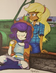 Size: 2833x3677 | Tagged: safe, artist:missmayaleanne, applejack, rarity, equestria girls, g4, accessory swap, apple, boots, clothes, cowboy boots, duo, eating, female, food, high heel boots, high res, jewelry, lesbian, ship:rarijack, shipping, tanned, truck