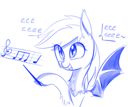 Size: 495x414 | Tagged: safe, artist:aureai-sketches, oc, oc only, bat pony, pony, baton, chest fluff, conductor's baton, cute, dialogue, eeee, female, fluffy, happy, hoof hold, leg fluff, mare, monochrome, music notes, open mouth, sheet music, simple background, singing, sketch, smiling, solo, spread wings, tilde, underhoof, white background
