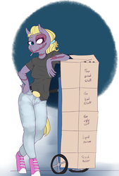 Size: 1985x2935 | Tagged: safe, artist:helloiamyourfriend, oc, oc only, oc:edgy cut, anthro, alcohol, boxes, clothes, converse, liquor, scar, shirt, shoes, simple background, smoking, solo, t-shirt
