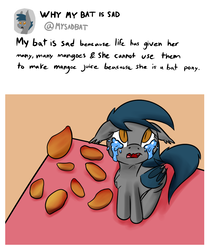 Size: 764x909 | Tagged: safe, artist:lux, oc, oc only, oc:speck, bat pony, pony, :c, adorable distress, crying, cute, fangs, floppy ears, fluffy, food, looking up, mango, open mouth, sad, sitting, solo, twitter, wavy mouth