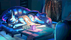 Size: 765x430 | Tagged: safe, artist:alumx, artist:equum_amici, rarity, pony, g4, animated, blanket, cinemagraph, couch, cup, drink, envelope, female, gif, living room, night, night sky, prone, solo, stars, television, watching
