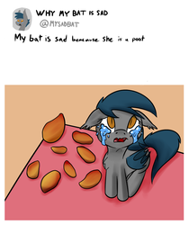 Size: 764x909 | Tagged: safe, artist:lux, edit, oc, oc only, oc:speck, bat pony, pony, :c, crying, cute, fangs, floppy ears, fluffy, food, looking up, mango, open mouth, sad, sitting, solo, wavy mouth