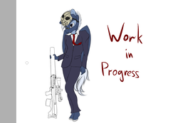 Size: 1060x733 | Tagged: safe, artist:syntiset, edit, oc, oc only, oc:ginny, pegasus, anthro, anthro oc, clothes, gun, mask, necktie, payday, rifle, solo, suit, vssk «exhaust», weapon, wip