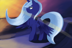 Size: 5400x3600 | Tagged: safe, artist:purpleblackkiwi, princess luna, alicorn, pony, g4, absurd resolution, colored pupils, crepuscular rays, female, noon, s1 luna, solo, spread wings, sunlight