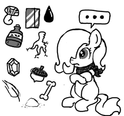 Size: 640x600 | Tagged: safe, artist:ficficponyfic, oc, oc only, oc:emerald jewel, earth pony, pony, colt quest, acorn, bandana, blank flank, bone, bottle, child, colt, cyoa, feather, foal, frown, gem, hair over one eye, male, monochrome, mushroom, roots, solo, story included