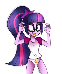 Size: 900x1072 | Tagged: dead source, safe, artist:wubcakeva, sci-twi, twilight sparkle, equestria girls, g4, adorkable, breasts, clothes, cute, cutie mark underwear, dork, female, glasses, implied lesbian, implied scitwishimmer, implied shipping, implied sunsetsparkle, jumpscare, panties, ponytail, silly face, silly human, simple background, solo, tongue out, twiabetes, underwear, underwear swap, white background