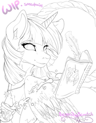 Size: 2640x3360 | Tagged: safe, artist:serenity, twilight sparkle, alicorn, pony, g4, accessory, book, cute, female, fluffy, high res, ink, jewelry, lineart, magic, mare, necklace, pretty, series, solo, twilight sparkle (alicorn), wip