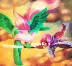 Size: 524x482 | Tagged: safe, artist:starchasesketches, oc, oc only, oc:starchase, oc:wind blade, alicorn, pegasus, pony, alicorn oc, animated, cloud, gif, smiling, sunset, sword, weapon