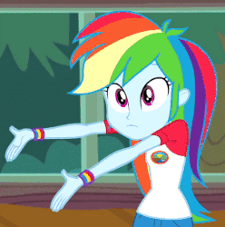 Size: 440x443 | Tagged: safe, screencap, rainbow dash, equestria girls, g4, my little pony equestria girls: legend of everfree, animated, cropped, female, gif, solo
