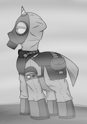 Size: 1761x2496 | Tagged: safe, artist:coatieyay, oc, oc only, pony, fallout equestria, bags under eyes, boots, fog, gas mask, hazmat suit, mask, monochrome, solo