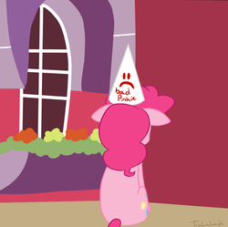 Size: 900x895 | Tagged: safe, artist:tralalayla, pinkie pie, earth pony, pony, g4, :c, bad pinkie, comic, corner, dunce hat, female, floppy ears, frown, grounded, hat, mare, sad, sitting, solo, sweet apple acres, time out, time out corner, window