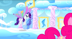 Size: 1360x730 | Tagged: safe, screencap, pinkie pie, rarity, pony, g4, sonic rainboom (episode), cloudsdale, flying, glimmer wings, mirror