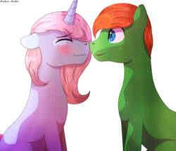 Size: 3031x2593 | Tagged: safe, artist:asika-aida, oc, oc only, earth pony, pony, unicorn, commission, cute, eyes closed, high res, male, open mouth, simple background, sitting, straight, transparent background