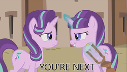 Size: 1366x768 | Tagged: safe, artist:agrol, starlight glimmer, pony, you must remember, g4, caption, cutie mark, duality, female, glowing eyes, glowing horn, horn, image macro, looking at each other, meme, self ponidox, solo, this will end in tears and/or death, this will not end well
