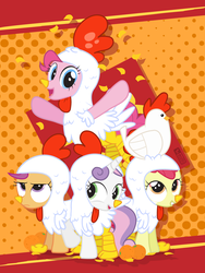 Size: 900x1200 | Tagged: safe, artist:dm29, apple bloom, elizabeak, pinkie pie, scootaloo, sweetie belle, chicken, g4, adorabloom, animal costume, chicken suit, chinese new year, clothes, confetti, costume, cute, cutealoo, cutie mark crusaders, diapinkes, diasweetes, food, gold ingot, grumpy, julian yeo is trying to murder us, orange, scootachicken, unamused, year of the rooster