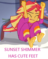 Size: 448x550 | Tagged: safe, sunset shimmer, equestria girls, g4, barefoot, bed, clothes, eyes closed, feet, female, legend of everfeet, pajamas, solo, sunfeet shimmer