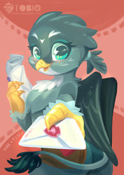 Size: 800x1128 | Tagged: safe, artist:b-tobio, gabby, griffon, g4, blushing, courier, cute, female, gabbybetes, letter, looking at you, solo