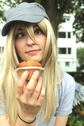 Size: 2848x4272 | Tagged: safe, artist:shinshiphen, artist:sukistar, derpy hooves, human, g4, animagic, clothes, cosplay, costume, derp, food, hat, high res, irl, irl human, muffin, photo, smiling, solo