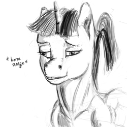 Size: 2000x2000 | Tagged: safe, artist:mackeroth, twilight sparkle, pony, g4, alternate hairstyle, bust, cross-eyed, female, funny face, high res, monochrome, portrait, sketch, solo, text