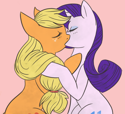 Size: 500x455 | Tagged: safe, artist:rarijack-countrycouture, applejack, rarity, earth pony, pony, unicorn, g4, duo, female, kiss on the lips, kissing, lesbian, mare, ship:rarijack, shipping