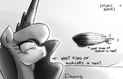 Size: 1550x1000 | Tagged: dead source, safe, artist:d0cente, princess luna, alicorn, pony, g4, airship, dialogue, explosion, female, frown, grayscale, mare, monochrome, on the moon for too long, open mouth, scared, solo, sweat, sweatdrop, this will end in death, this will end in tears, this will end in tears and/or death, wavy mouth, wide eyes