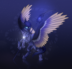 Size: 1956x1860 | Tagged: safe, artist:nightskrill, oc, oc only, oc:layson desire, pegasus, pony, armor, dream, magic, night guard, rearing, scythe, solo, spread wings, wings